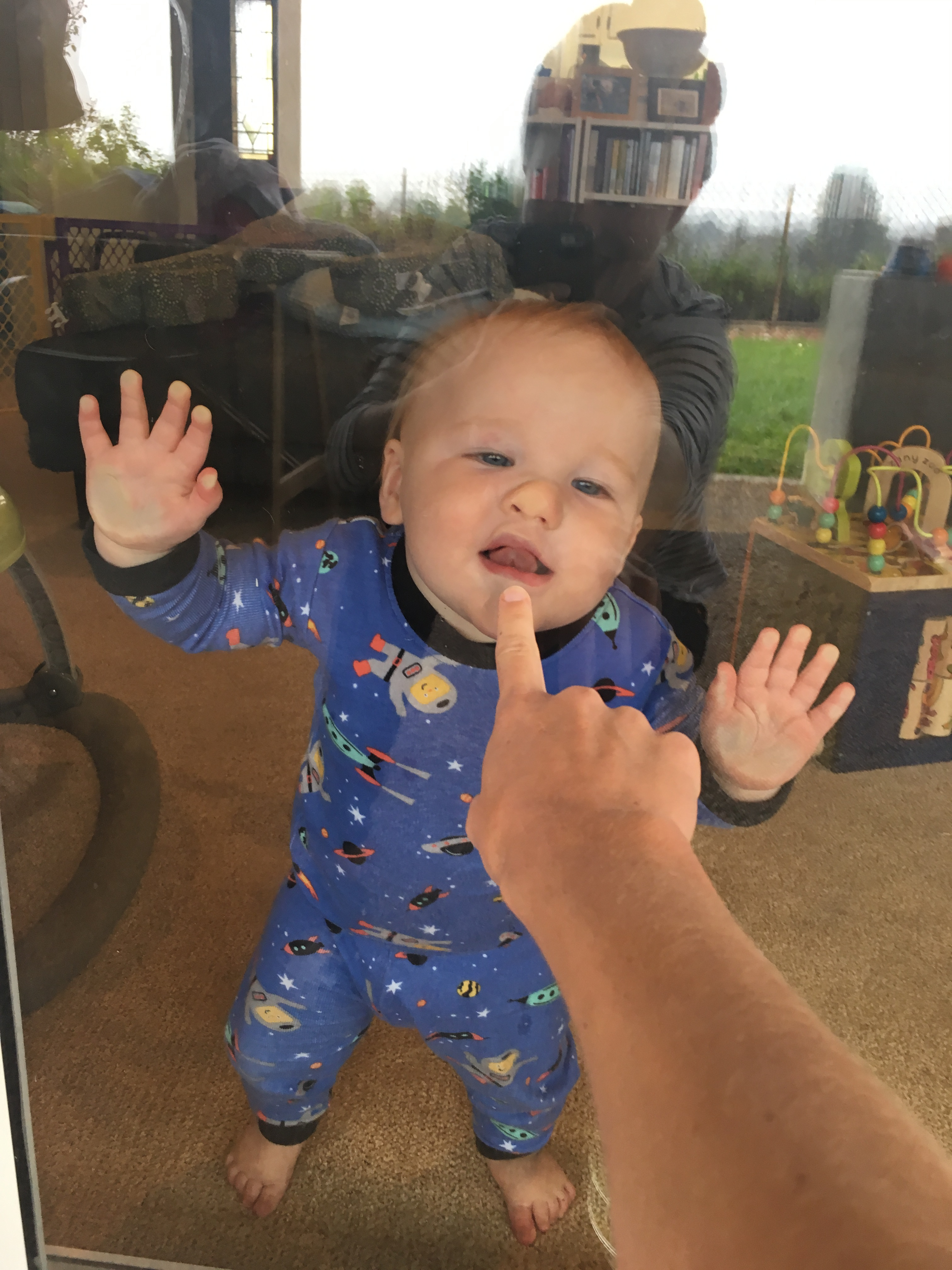 James through the glass door