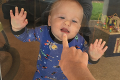 James through the glass door
